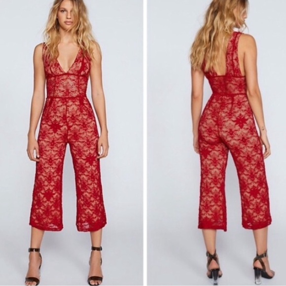 Free People Pants - NWOT, Nightcap x Free People, Fleur Lace Jumpsuit Red V-neck XS (1)